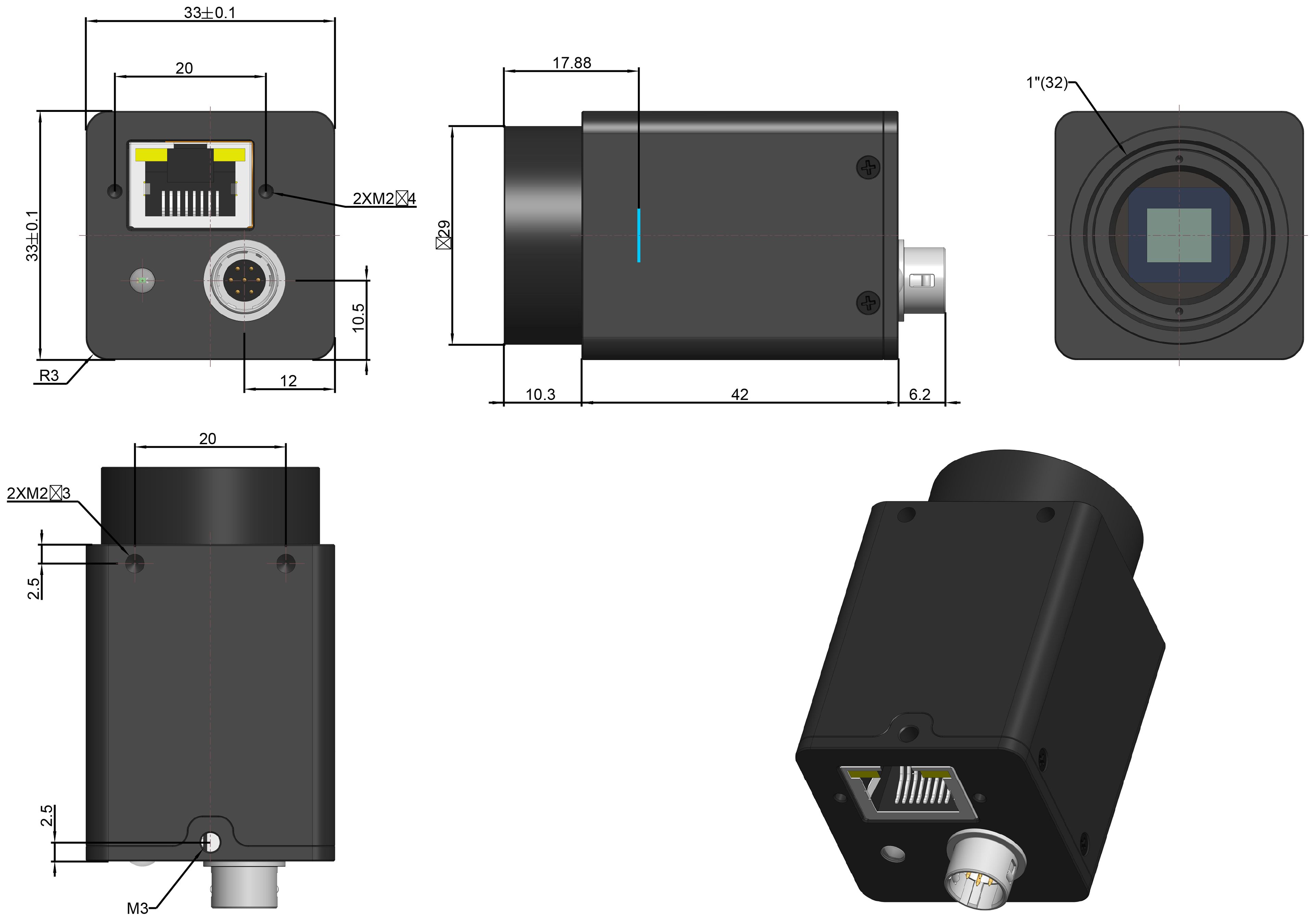 I3ISPM GigE · 33 mm × 33 mm × 58.5 mm
