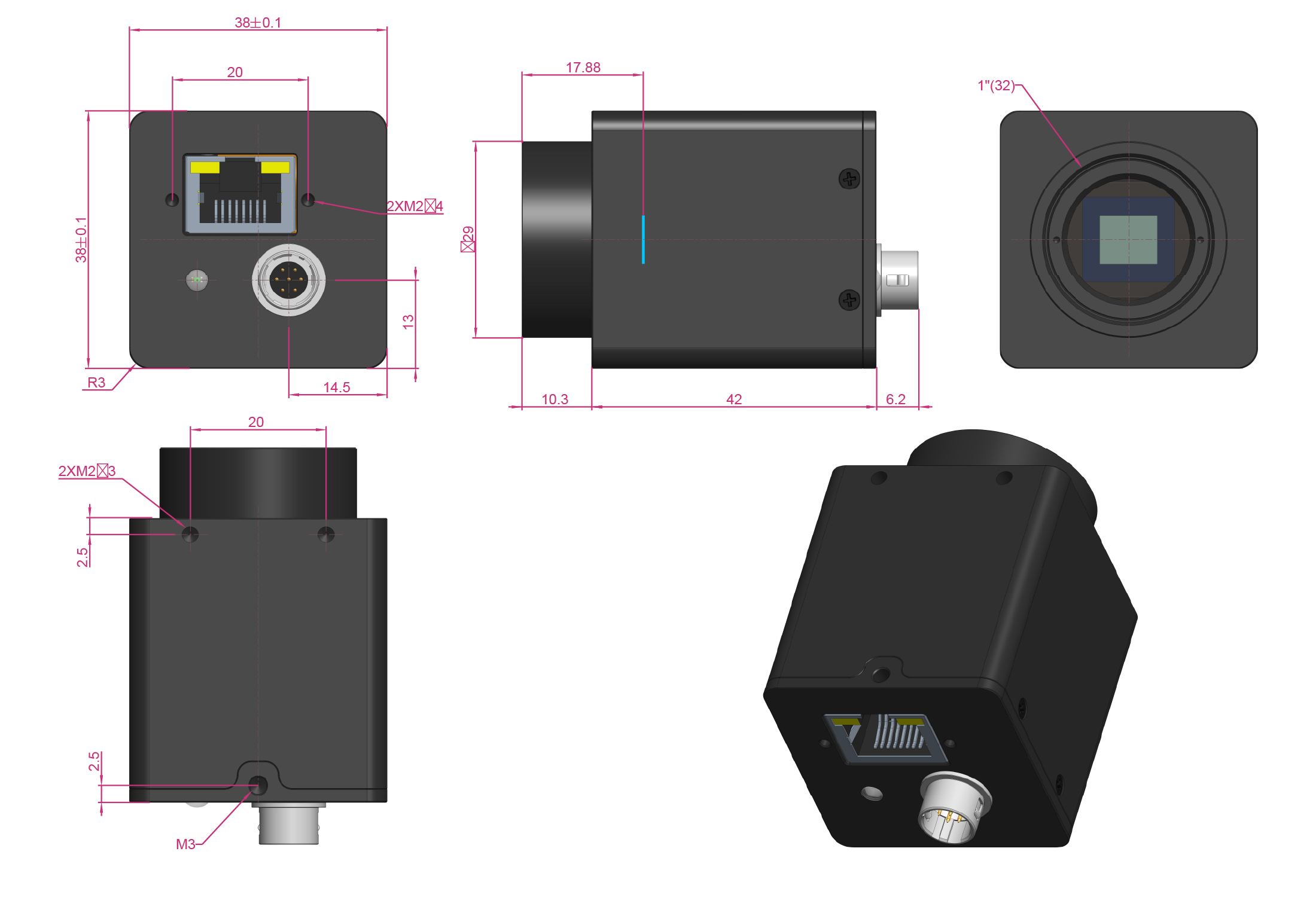 I3ISPM GigE · 38 mm × 38 mm × 58.5 mm