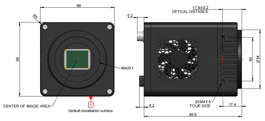 The Front and side view dimensions of the CL interface camera