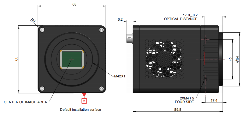 The Front and side view dimensions of the USB interface camera