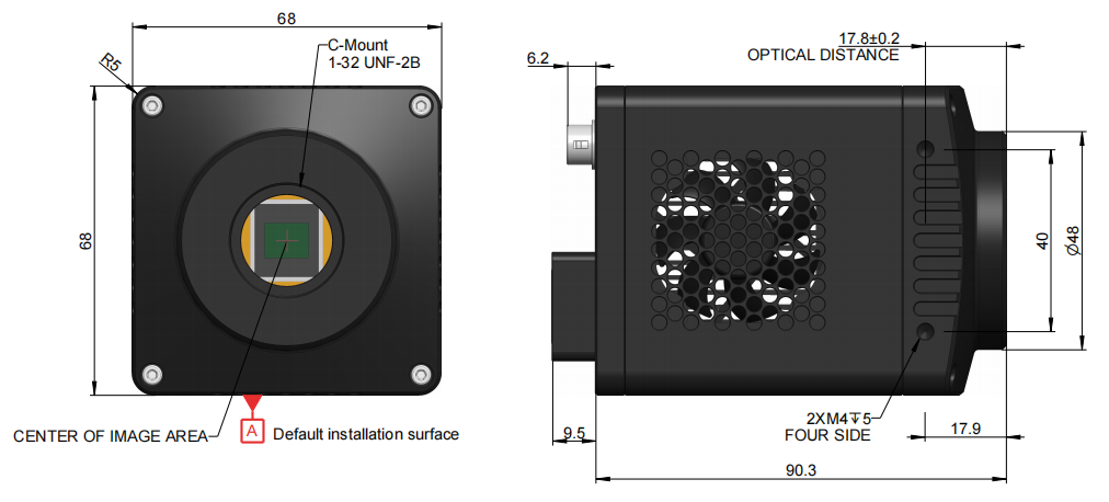 SThe Front and side view dimensions of the GigE interface camera